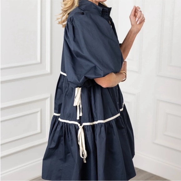 Sofie The Label Navy Puff-Sleeve Tiered Shirt Dress with White Trim - Picture 2 of 3
